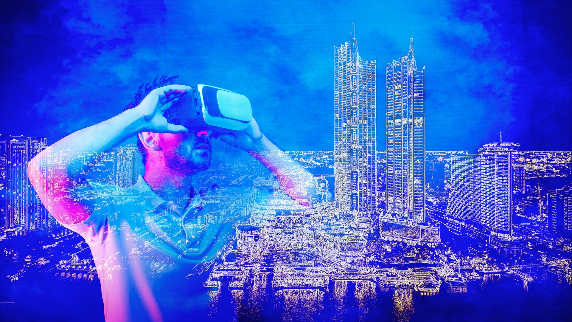 metaverse concept of man with VR headset in virtual city from AR and VR technology